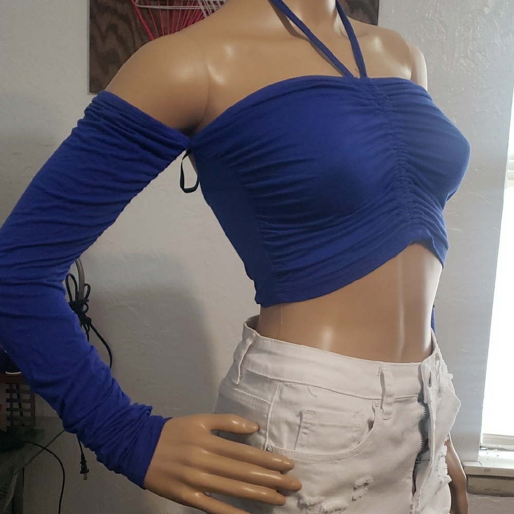 Blue Off-Shoulder Ruched Top - Picture 2 of 7